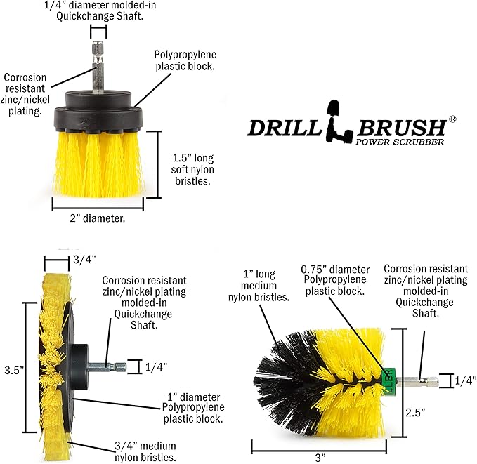 Drill Brush Power Scrubber by Useful Products – 3 Piece Yellow Bathroom Accessories Cleaning Set - Drill Brush Set to Clean Tile and Grout - Shower Cleaning Supplies - Drillbrush Shower Cleaner