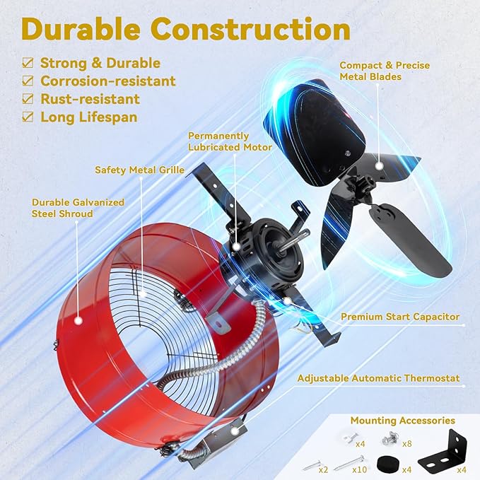15" Gable Attic Fan with Thermostat, 1650CFM Plug-and-Play Attic Gable Vent Fan with Start Capacitor for 2500 sq.ft, Quiet Attic Exhaust Fan with Thermostat & 20FT Power Cord for House Garage Shed