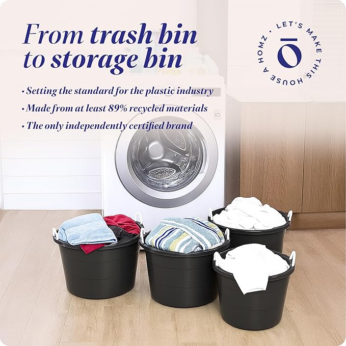HOMZ 4-Pack Utility Tub, Large Plastic Storage Bucket with Rope Handles, 17 Gallon, Black - Portable Indoor and Outdoor Buckets for Kitchen, Laundry, Garden, Bathroom, and Garage Organization