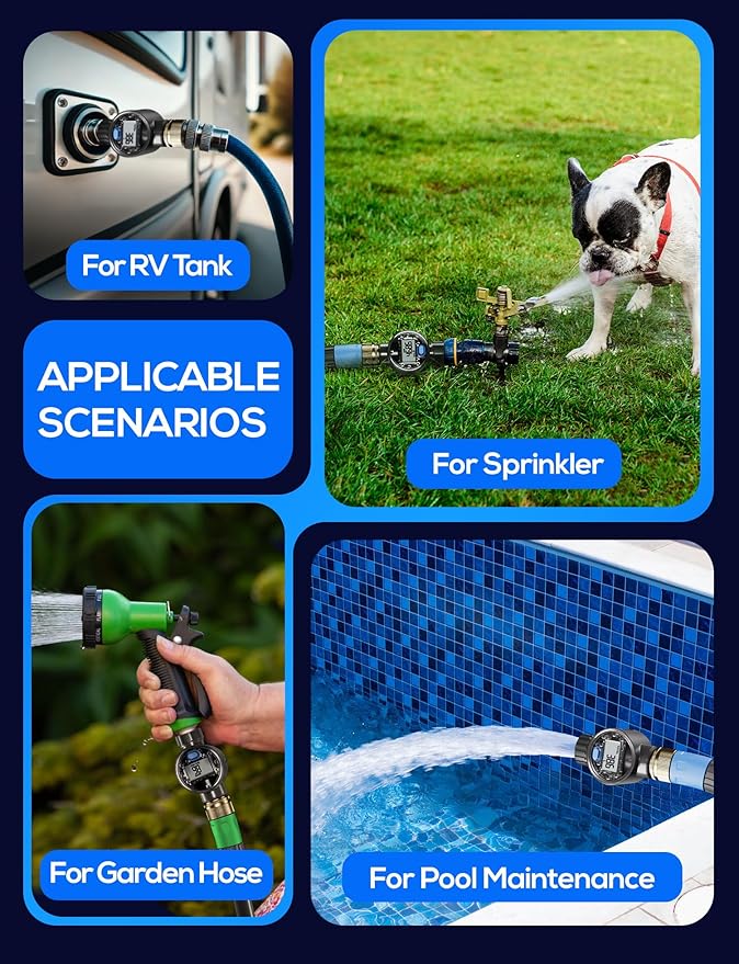 Water Flow Meter with Brass Inlet, Measuring Gallon/Liter Consumption and Flow Rate for Outdoor Garden Hose Watering, RV Essentials Water Tank Filling, Sprinkler and Nozzle Sprayer (1 Pack)