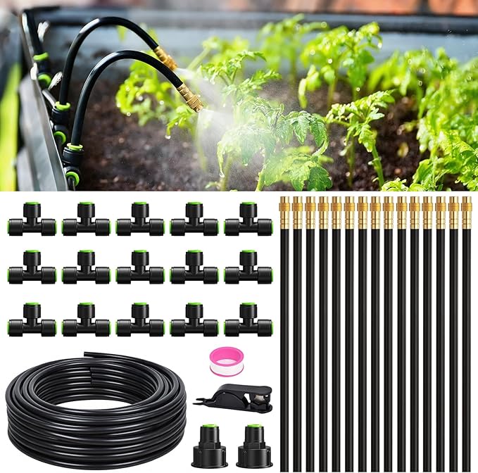 RAINPOINT 50FT Drip Irrigation System, Garden Watering Kit with 15pcs 360°Adjustable Copper Nozzles, Automatic Atomizing Watering Sprinkler System for Greenhouse, Lawn, Raised Beds, Outdoor Plants