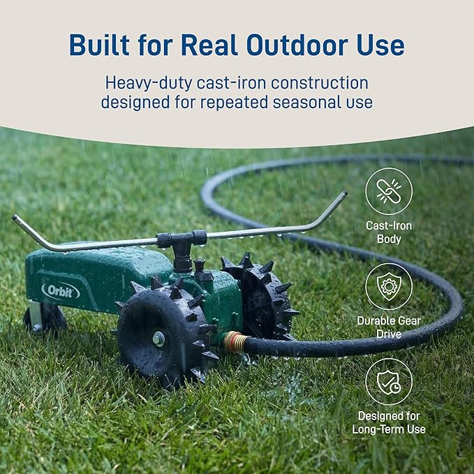 Orbit Traveling Tractor Water Sprinkler - Self-Propelled Traveling Sprinkler for Wide Lawn Coverage - Cast-Iron Body with Adjustable Coverage - Three-Speed - Automatic Shut Off - 58322