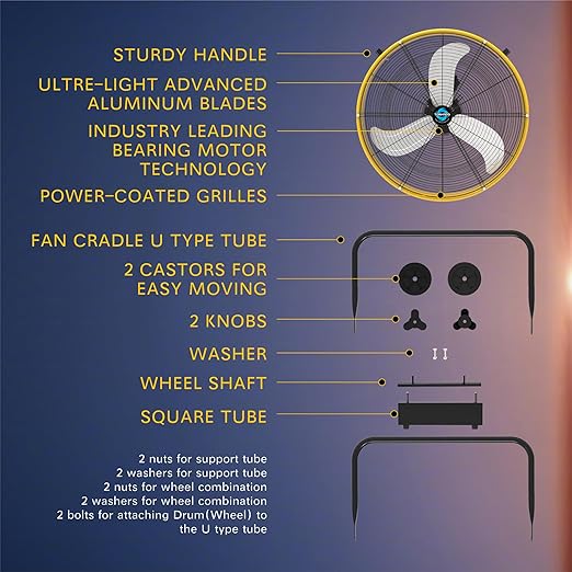 Tornado 24" High Velocity Drum Fan - Heavy Duty Metal Fan for Commercial & Industrial Use, 7700 CFM, 3 Speeds, 1/3 HP, 8 FT Cord, ETL Safety Listed