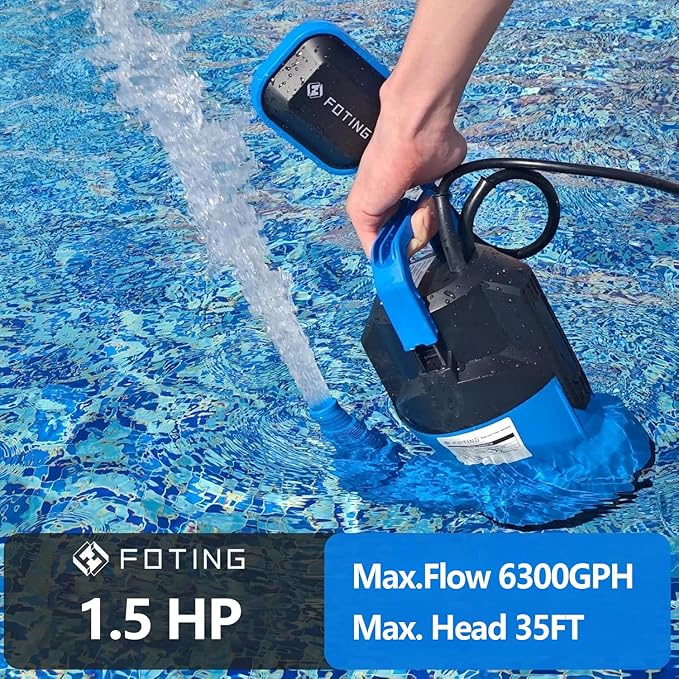 FOTING 1.5HP Sump Pump, 6300GPH High Flow Clean&Dirty Submersible Water Pump with Float Switch, Thermoplastic Electric Portable Utility Pump for Pool Draining Hot Tub Garden Basement