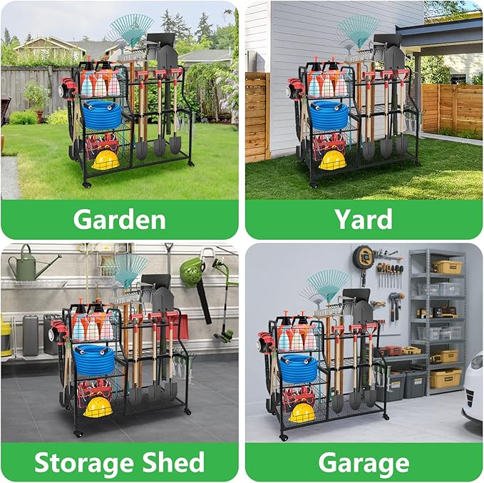 Garden Tool Organizer with 4 Wheels, Garden Tool Rack with 2 Storage Basket, 3 Tier Heavy Duty Utility Garden Tool Storage with 12 Hooks for Yard/Garden/Shed/Garage/Basement/Lawn