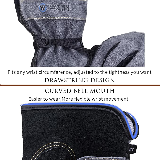 WZQH Leather Work Gloves for Men or Women. X-Large Glove for Gardening, Tig/Mig Welding, Construction, Chainsaw, Farm, Ranch, etc. Cowhide, Cotton Lined, Utility, Firm Grip, Durable. Grey-Black XL