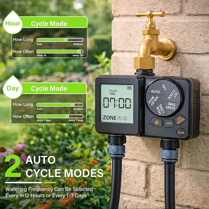 MIXC Rechargeable 2-Zone Water Timer, Full-Body IPX6 Sprinkler Timer - Over One Year Runtime - Save Water & Money, Drip Irrigation Controller with Rain Delay/Manual/Auto Modes for Garden, Lawn, Yard