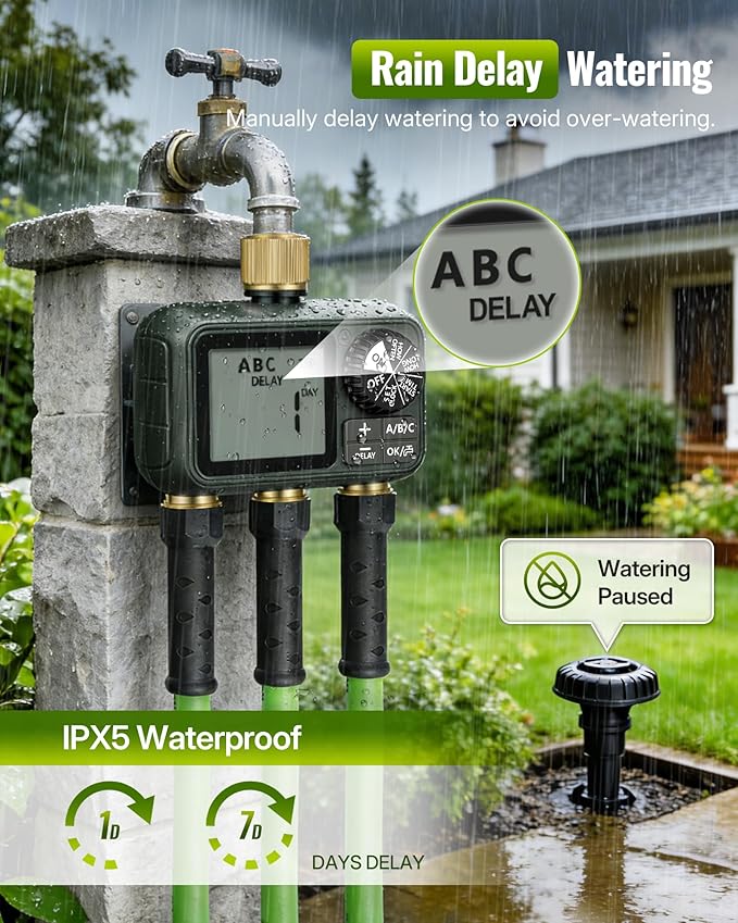 Brass Sprinkler Timer with Swivel, Programmable Water Timer for Garden Hose with Auto/Manual/Rain Delay Watering, Digital Irrigation System Kit,for Garden, Yard, Lawn 3 Outlet F13WT06
