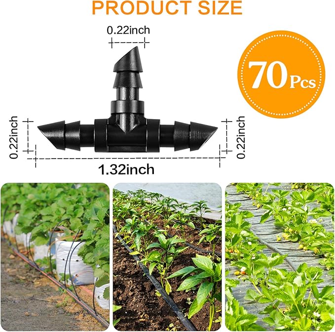 70 Pack Barbed Tee Fittings, 1/4" Drip Tubing, Black, Plastic, Irrigation Fitting, HOSE PIPE FITTING, Barb Tee, 1/4 inch