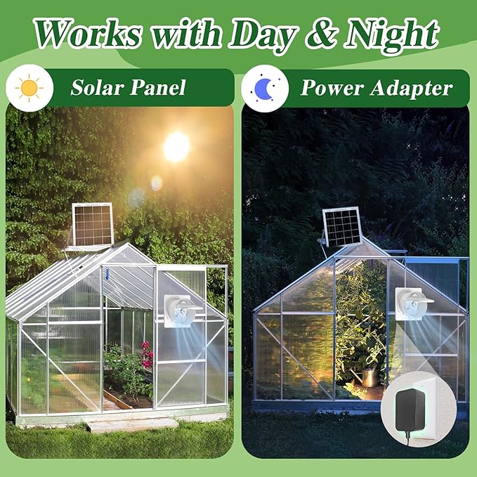 Solar Exhaust Fan, 25W Solar Panel + 8" Ventilation Vent Fan, with Power Adapter, Anti-backflow Valve, High Speed Solar Powered Exhaust Fan for Shed, Chicken Coop, Greenhouse, Dog House (White)