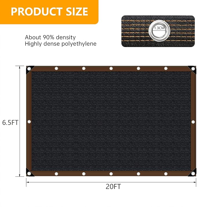 Shade-Cloth 85-90% for Garden Plants 6.5x20 FT, Black Sun-Block Shade Cover Mesh Tarp with Grommets Sun Shade Canopy for Outdoor Pergola Patio Flower Lawn Kennel Chicken Coop