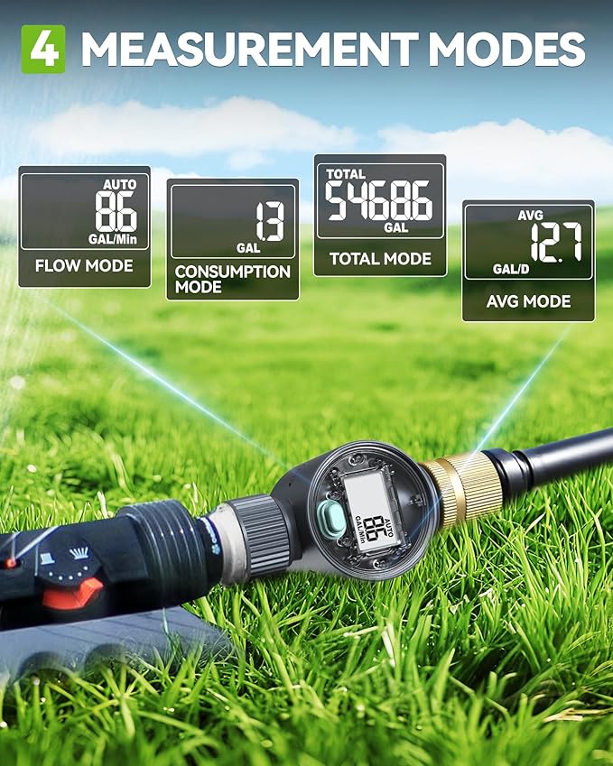RAINPOINT Water Flow Meter with Brass Inlet, Water Meter for RV Tank Filling, Garden Hose Watering, Lawn Sprinkler & Nozzle Sprayer, ±5% Accuracy, Max Measured Consumption of 9999.9 Gallon/Liter