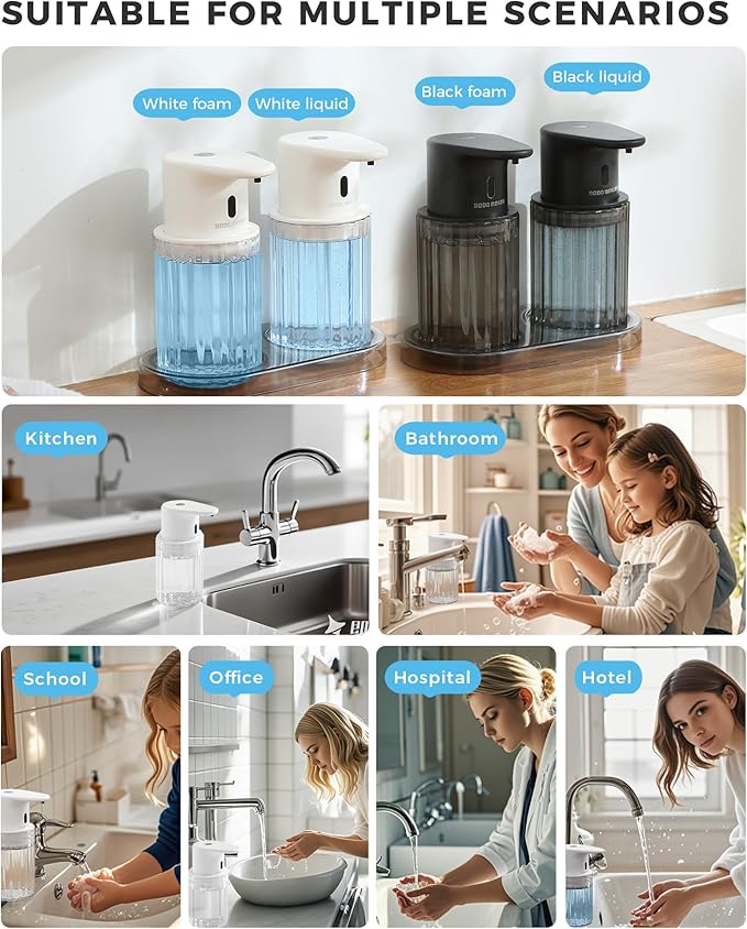 Automatic Liquid Soap Dispenser Touchless, 10oz/300ml Rechargeable, 3 Adjustable Liquid Levels, IPX5 Waterproof, for Kitchen Bathroom, White