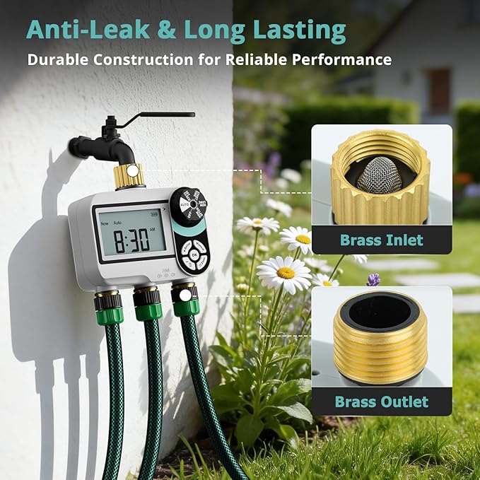 QUOBAS Brass Sprinkler Timer for Garden Hose, Programmable Water Timer for Hose Faucet with Child Lock, Rain Delay/Auto/Manual 3 Modes, Large Waterproof Screen, 3 Zone Independent Watering