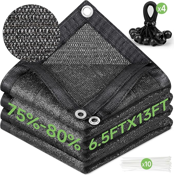 FOTMISHU 75%-80% Shade Cloth 6.5ftx13ft Heavy Duty Anti-Aging Sun Mesh UV Resistant Net, Sunblock Garden Shade Mesh Tarp for Plant Cover, Barn or Kennel, Flowers, Plants, Used for 3 Years or Even Long