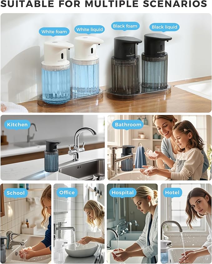 Automatic Liquid Soap Dispenser Touchless, 10oz/300ml Rechargeable, 3 Adjustable Liquid Levels, IPX5 Waterproof, for Kitchen Bathroom, Black