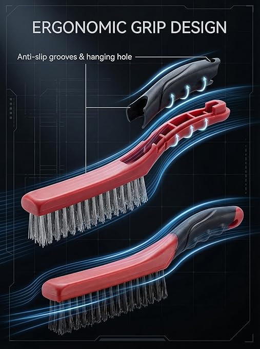 TAKAVU Heavy Duty Wire Brush Set 2pcs, Carbon Steel and Stainless Steel Wire Scratch Brush with 10" Curved Plastic Handle for Cleaning Rust, Paint, Welding