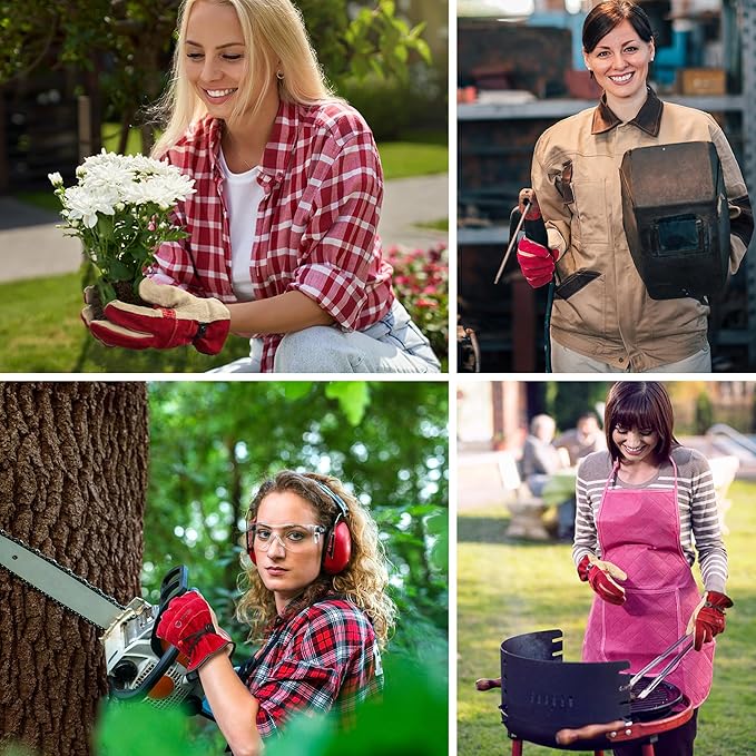 WZQH Leather Work Gloves for Women, Large Glove for Gardening, Tig/Mig Welding, Construction, Chainsaw, Farm, Ranch, etc. Cowhide, Cotton Lined, Utility, Firm Grip, Durable. Rose Red - Grey L
