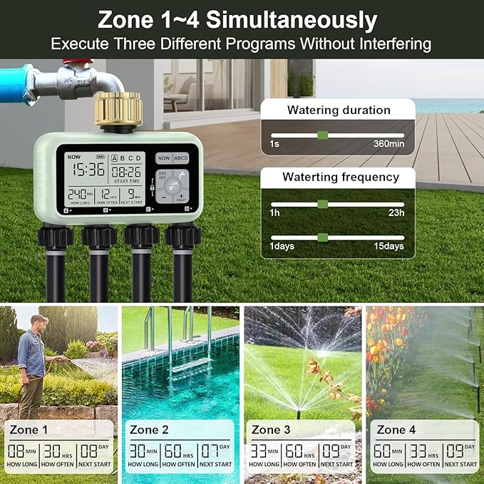 Watering Timer 4 Zone with with Brass Inlet, Sprinkler Timer, Programmable Garden Outdoor Hose Faucet Timers with Rain Delay/Manual/Automatic Watering System,Water Hose Irrigation Timers 4 Outlet