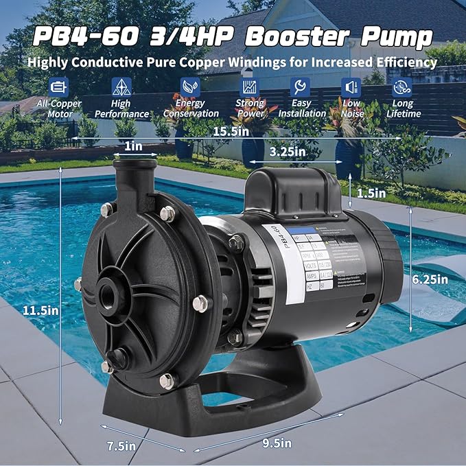 PB4-60 Pool Booster Pump 3/4 HP 115V/230V Dual Voltage 1600GPM Flow Fit for Polaris 180 280 380 480 3900 Kreepy Krauly＆Letro Legend Pressure Pool Cleaners