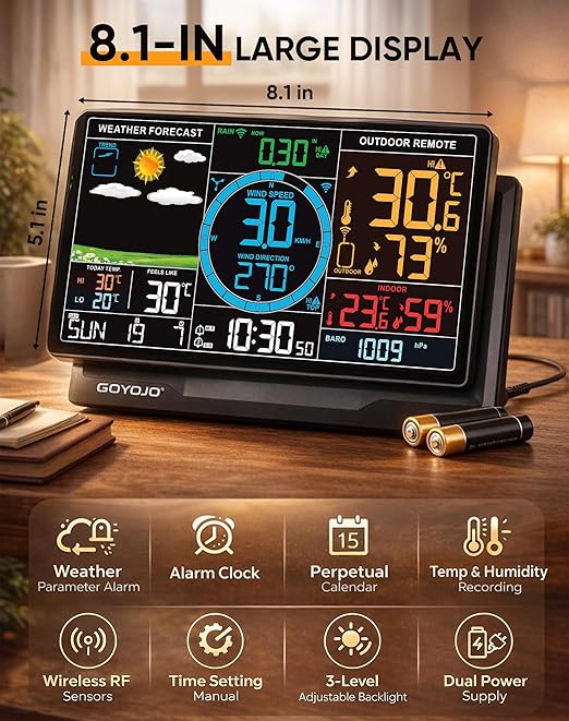 Wireless Weather Station with Color LCD Display, Temperature, Humidity, Wind Speed, Rainfall, 7 Languages, USB Charging, 3-Channel Sensors, 433.92MHz Signal (No WiFi)