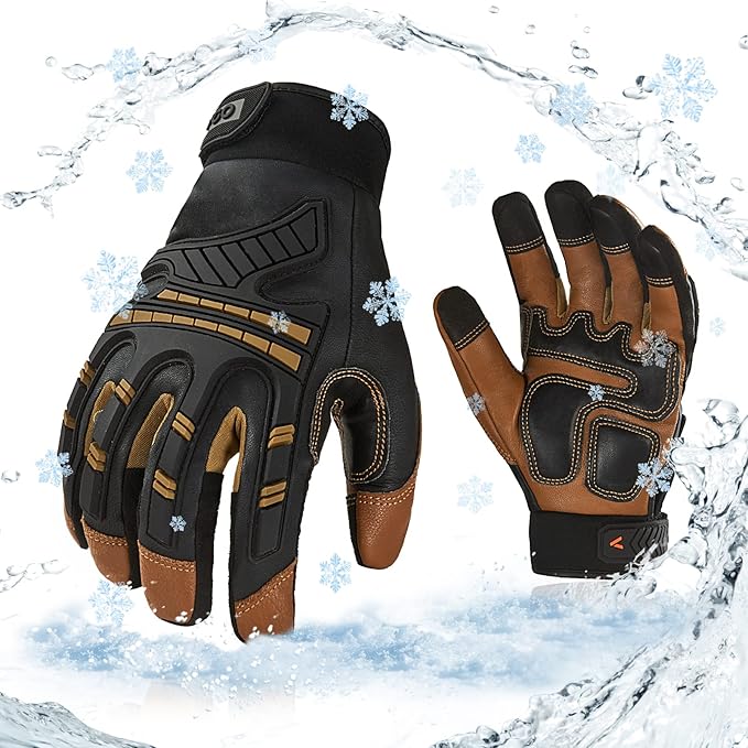 Vgo... -4℉ or above Winter Waterproof High Dexterity Heavy Duty Mechanic Glove, Anti-vibration, Anti-abrasion, Touchscreen (1 Pair,XL,Brown,GA8954FW)