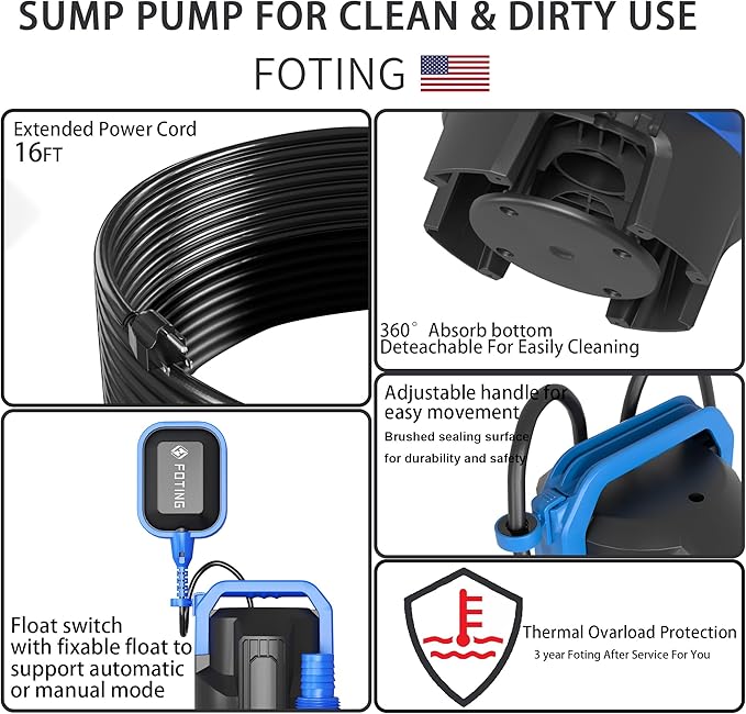 FOTING 3/4HP Sump Pump, 4300GPH High Flow Clean&Dirty Submersible Water Pump with Float Switch, Thermoplastic Electric Portable Utility Pump for Pool Draining Hot Tub Garden Basement