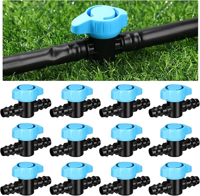 Briwooody 12 Pack 1/2 Inch Drip Irrigation Barbed Valve Fittings Ball Shut off Sprinkler Valve 16 mm for 1/2 in and 5/8 in Drip Irrigation Tubing(570-620" ID) Barbed Switch Valves for Garden Sprinkler