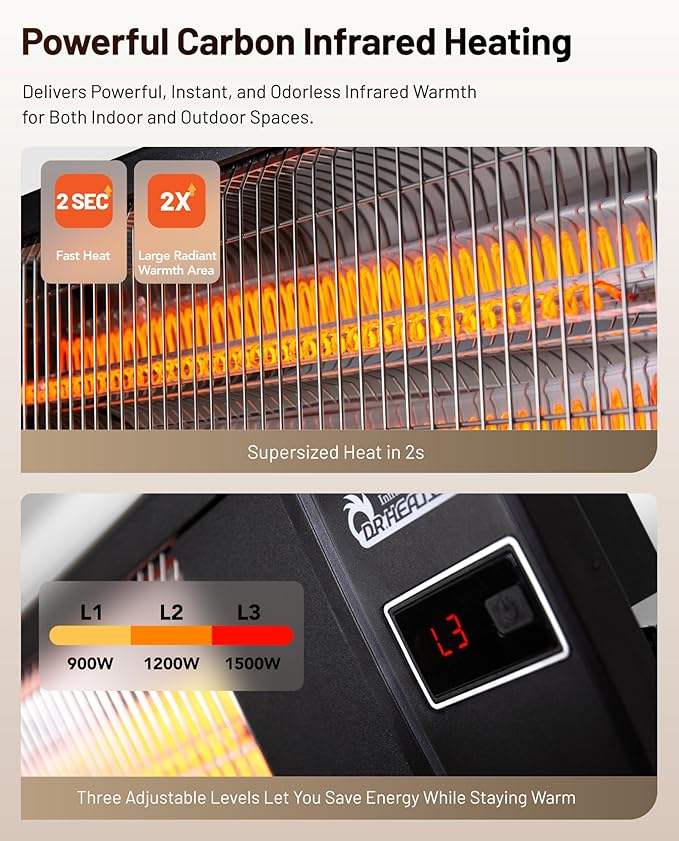 DR. INFRARED HEATER Portable Infrared Indoor and Outdoor Space Heater for Patio, Garage, Commercial & Residential With Remote Control, Without Thermostat, Black