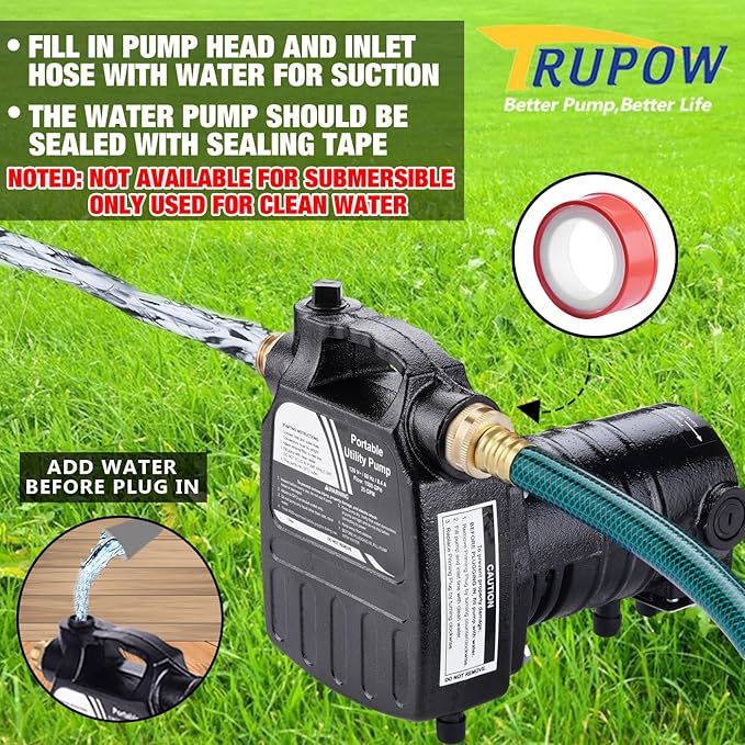 TRUPOW 1/2HP 1450GPH 115-Volt Cast Iron Portable Electric Power Utility Transfer Water Pump with Carbon Brush, Filter, Brass Connectors, for Garden, Rain Barrel, Pool, Pond, Hot Tub, Aquarium Draining
