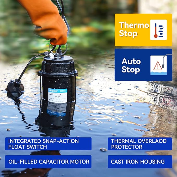Acquaer Sewage Pump Submersible Water Pump with Automatic Float Switch, for Sump Basin, Residential Sewage, Black, 2'' NPT 3/4 HP 6400 GPH