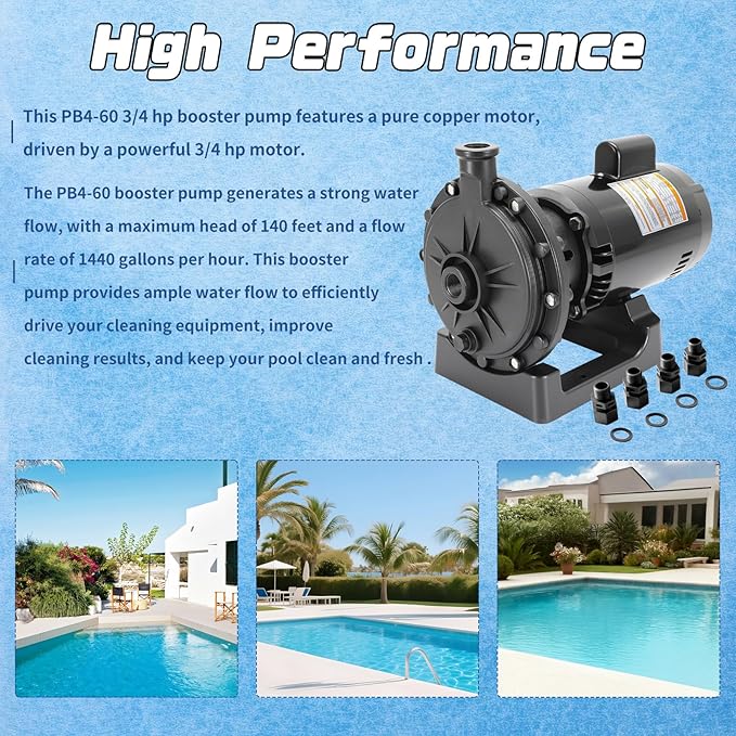 PB4-60 Pool Booster Pump 3/4 HP 115V/230V Dual Voltage 1600GPM Flow Fit for Polaris 180 280 380 480 3900 Kreepy Krauly＆Letro Legend Pressure Pool Cleaners