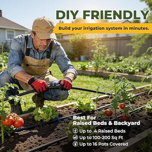 100FT Drip Irrigation System Kit, Quick Connect Garden Watering System, Easy Install Drip Irrigation Kit with 1/2" & 1/4" Tubing, Adjustable Emitters for Garden, Raised Beds, Greenhouse