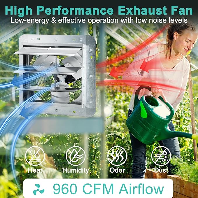 12 Inch Shutter Exhaust Fan with Thermostat and Speed Controller, Wall Mounted Vent Fan for Attic, Greenhouse, Shed, Garage, Chicken Coop, Shop Ventilation, 960 CFM, 1400 SQF Coverage Area