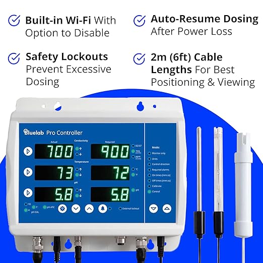 Bluelab Pro Controller Wi-Fi Fully Automated 24/7 Digital Monitor for Hydroponics Multi-Nutrient & pH Dosing with EC Temperature Probe and Edenic Remote Monitoring Essential for Agriculture