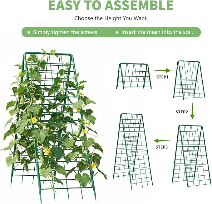 DoCred Cucumber Trellis, 59" H 2 Pack Metal Foldable Thickened A Frame Garden Trellis for Raised Bed Climbing Plants, Vegetables, Including Plant Support Clips, Twist Ties, Plastic Ties, Green