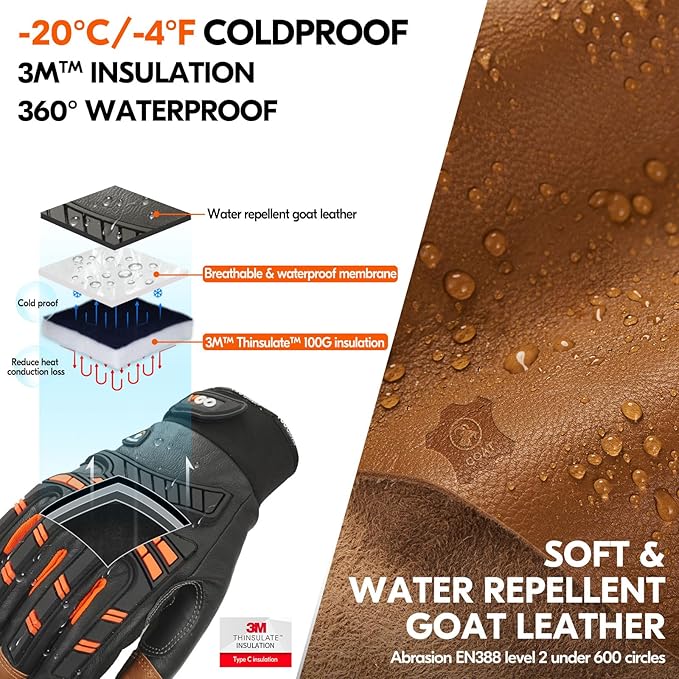 Vgo... -4℉ or above Winter Waterproof High Dexterity Heavy Duty Mechanic Glove, Anti-vibration, Anti-abrasion, Touchscreen (XXL,Orange,GA8954FW)