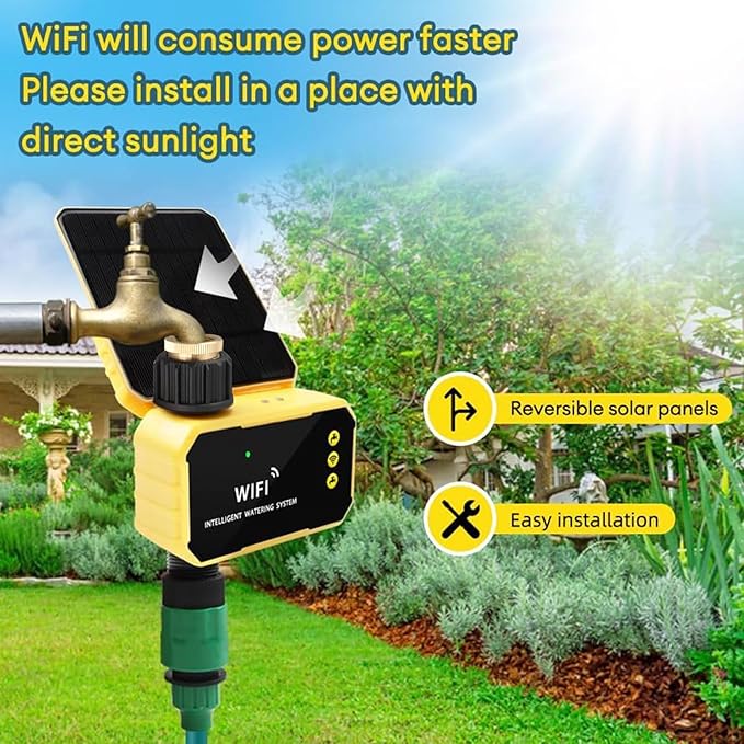 ITEFDTUTNE WiFi Solar Sprinkler Timer, Automatic Watering Valve Controller with Rain Sensor and App Control, for Villas Balconies Rooftop Gardens