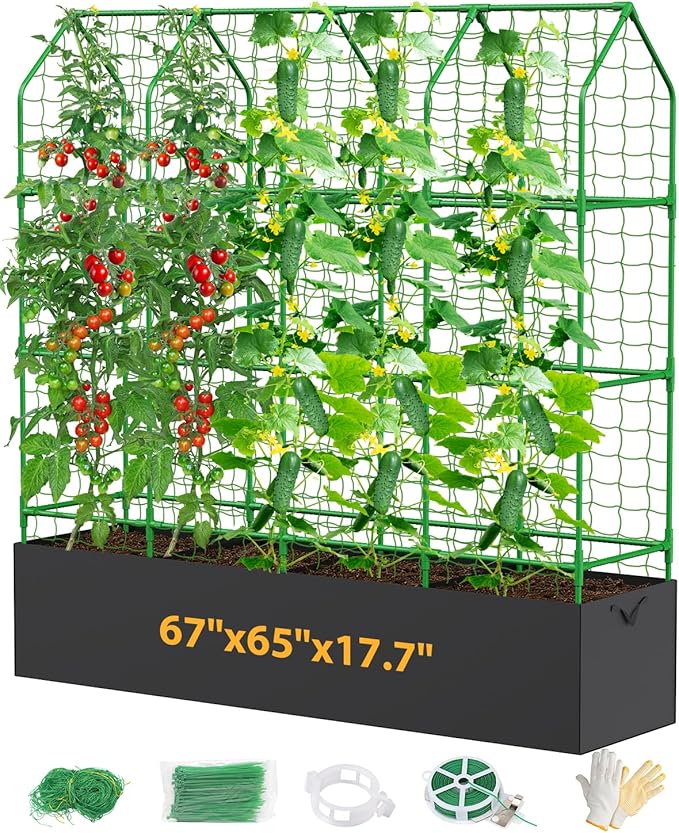 65" Cucumber Planter with Trellis for Climbing Plants Outdoor, Metal Garden Trellis for Raised Bed, Plant Support Structures with Netting for Cucumbers Tomatoes Beans Peas (67 * 17 * 65inch(L*W*H)