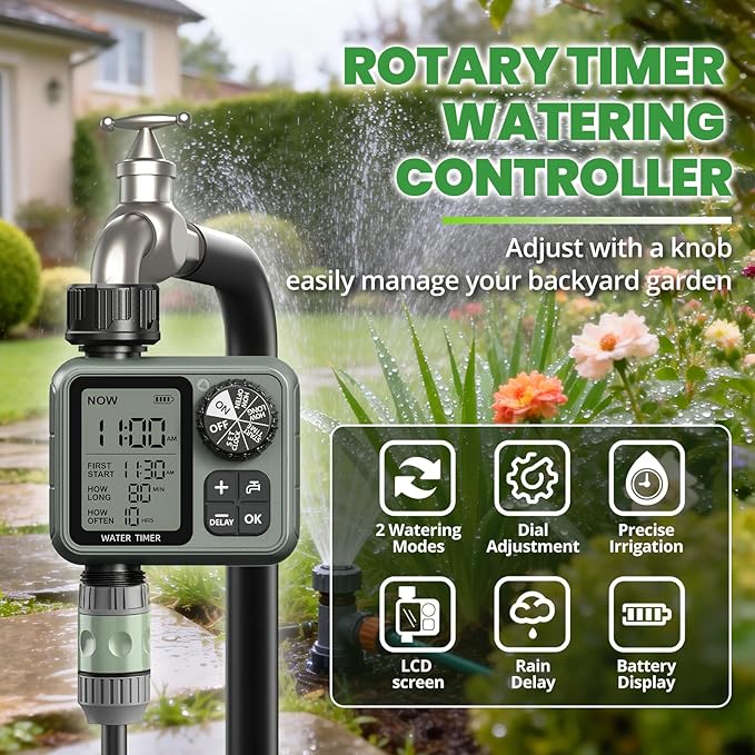 Water Timer for Garden Hose Sprinkler Timer with Rain Delay/Manual/Automatic Mode Hose Timers for Watering Drip Irrigation System for Lawn Yard Garden, Daily and Holiday Outings