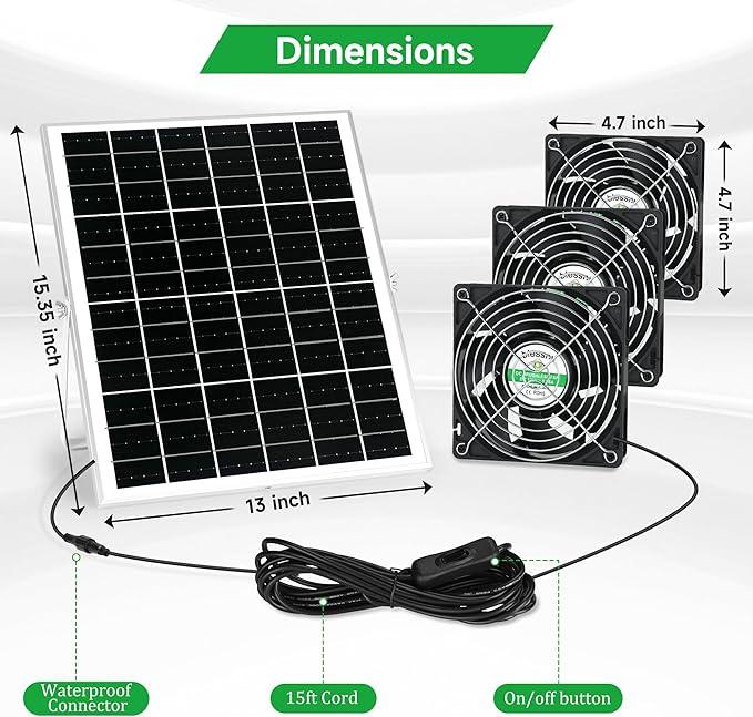 blessny Solar 3 Fan Kit for Intake or Exhaust air, Weatherproofed Solar Powered Fans for Outside Chicken Coops, Greenhouses, Shed, Pet House Air Ventilation