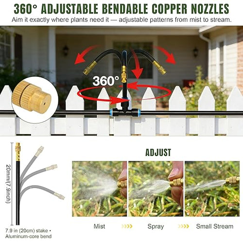 100FT Drip Irrigation System Kit Dual-Zone Garden Atomizing Watering System with 30 Copper 360° Adjustable Bendable Nozzles,Y-Splitter, Leak-Proof 1/4" Misting System for Garden Greenhouse Raised Beds
