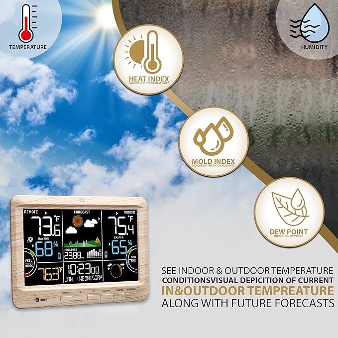 Weather Station Indoor Outdoor Thermometer Wireless, Home Atomic Clock with Large Constant Display, Inside Outside Temperature Humidity Monitor, Dew Heat Point, Barometer (WOOD01)