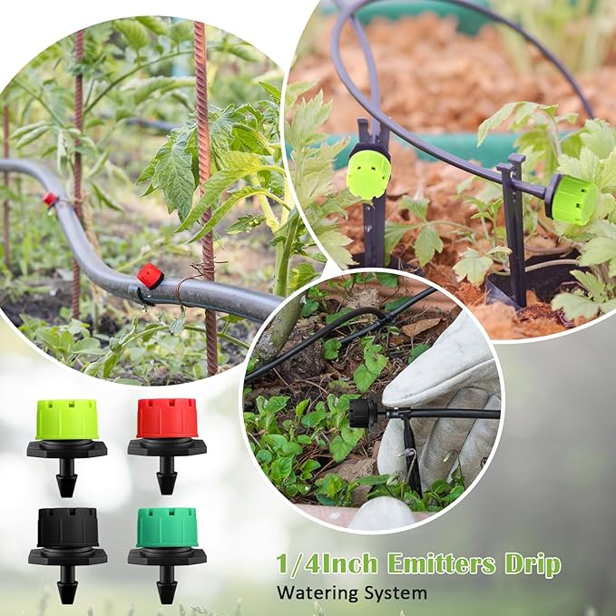 Yaocom 600 Pcs Sprinkler Irrigation Drippers, 1/4 Inch Barbed Drip Emitter, 360 Degree Watering Adjustable Suitable Anti-Clogging Drippers for 4mm/7mm Garden Watering Tubing System (4 Colors)
