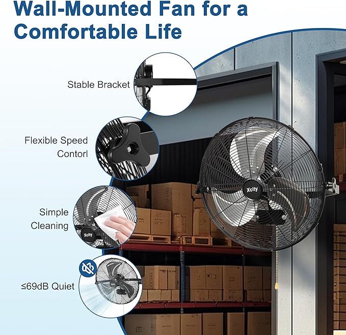 Xcity 24 Inch Metal Wall Mounted Fan, Max 7600 CFM High Velocity Industrial Wall Mount Fan With 3 Speeds & 360° Adjustable Tilt for Commercial, Garages, Workshops