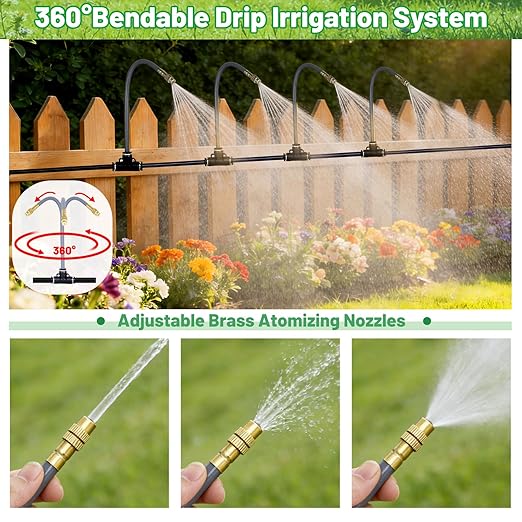 49.2 Ft 360° Adjustable 1/4" Drip Irrigation System Bendable Watering Misting System Drip Irrigation Kit Garden Watering Atomizing System with 12 Nozzles, Automatic Irrigation System for Garden