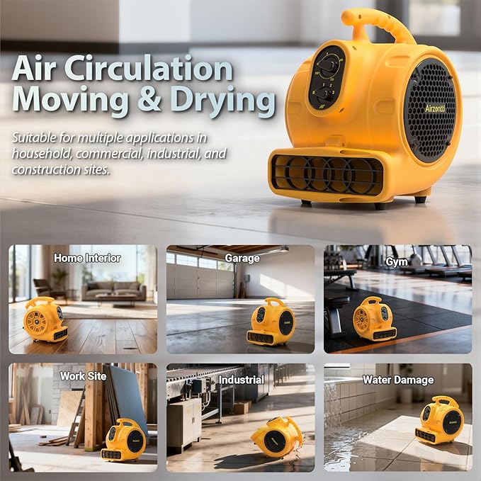 Air Mover, 1100 CFM 1/4 HP 200W Blower Fan, Floor Fan Heavy Duty with 3 Speeds and Timer, Stackable Air Blower, Utility Fan for Carpet, Floor Drying and Water Damage Restoration, YELLOW