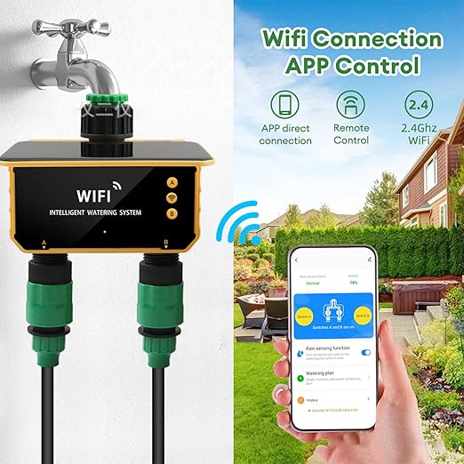 WiFi Hose Timer 2 Zone, Smart Solar Sprinkler Timer Automatic Irrigation Controller with Rain Sensing, Garden Hose Watering System for Lawns Yard
