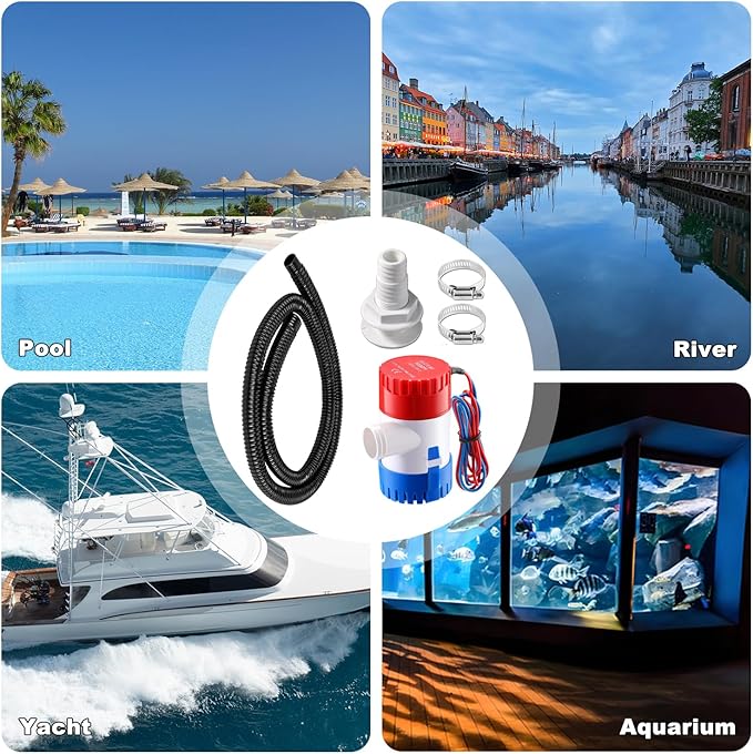 1100GPH Marine Bilge Pump 12V Submersible 1-1/8 inch Diameter Electic Rule Bilge Water Pump Plumbing Kit with 6FT Hose 2Pcs Clamps and Through Hull Fittings for Boat RV Yacht Caravan