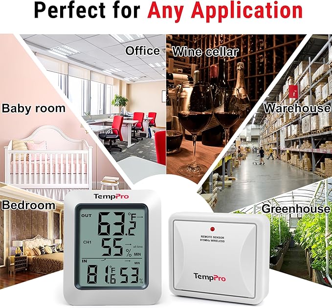 TempPro TP60 Digital Hygrometer Outdoor Thermometer Wireless Temperature and Humidity Gauge Monitor Room Thermometer with 500ft/150m Range Humidity Meter Temperature Indicators (Previously ThermoPro)